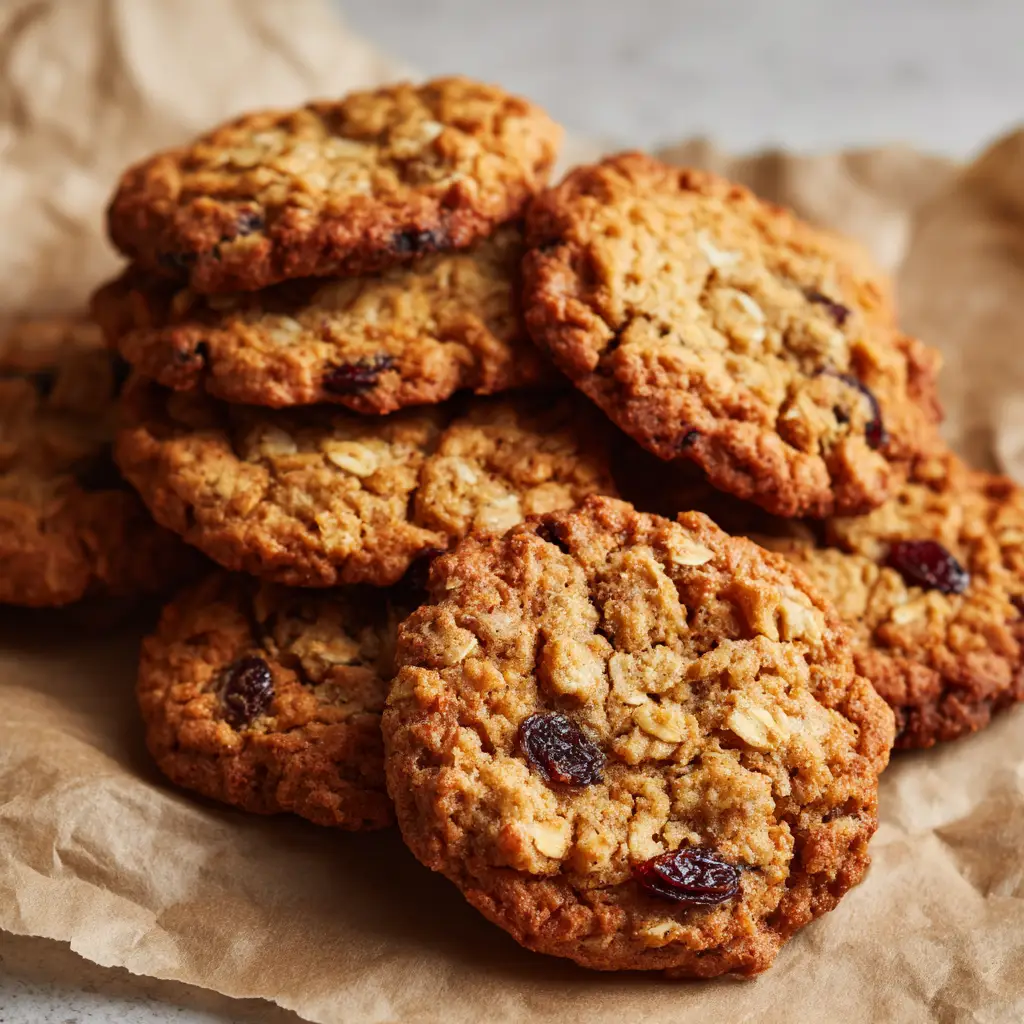 Gluten-Free Oatmeal Cookies: The Ultimate Chewy and Crispy Recipe 2 Close-up of golden-brown Gluten-Free Oatmeal Cookies on an aluminum baking sheet showing cracked centers and cinnamon speckles.