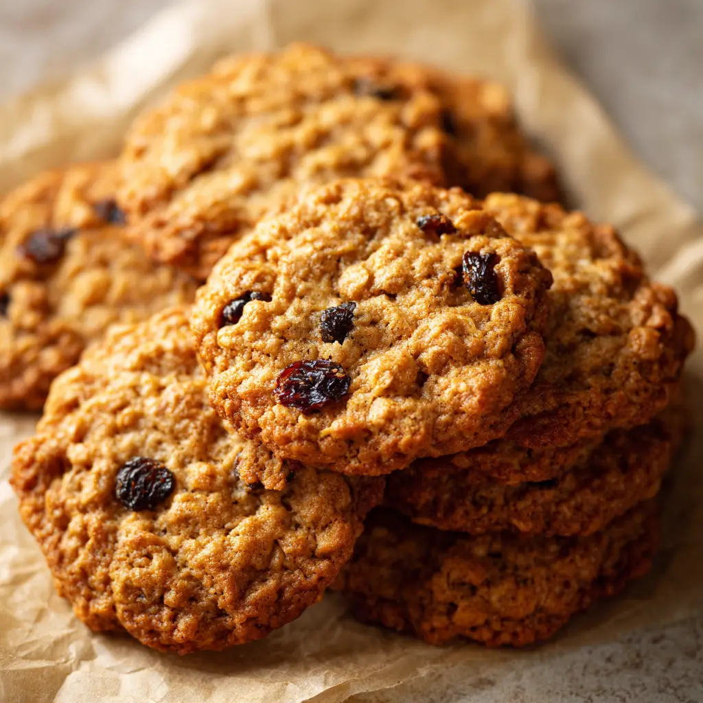 Gluten-Free Oatmeal Cookies: The Ultimate Chewy and Crispy Recipe 1 A handheld photo of a stack of Gluten-Free Oatmeal Cookies showing deep texture and glossy dark raisins.