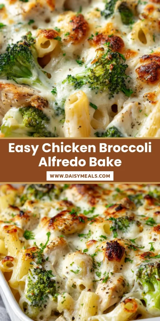 Chicken Broccoli Alfredo Bake with a Golden Blistered Parmesan Crust 4 A bubbling Chicken Broccoli Alfredo Bake in a white dish featuring golden-brown blistered cheese and bright green broccoli florets.