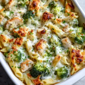 Close up of Chicken Broccoli Alfredo Bake showing tubular penne, thick white sauce, and blistered mozzarella edges.