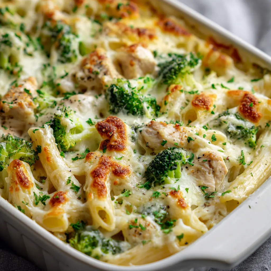Chicken Broccoli Alfredo Bake with a Golden Blistered Parmesan Crust 1 Overhead view of a rectangular white baking dish filled with Chicken Broccoli Alfredo Bake garnished with parsley.