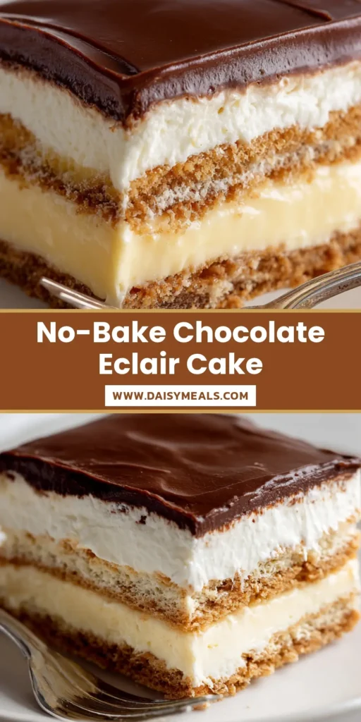 A square slice of Chocolate Eclair Cake with visible layers of graham crackers and pale-yellow vanilla pudding, topped with glossy chocolate frosting on a white plate.