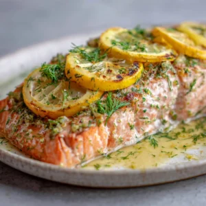 Close-up of a thick Lemon Dill Baked Salmon fillet showing the opaque pink texture and roasted golden edges.