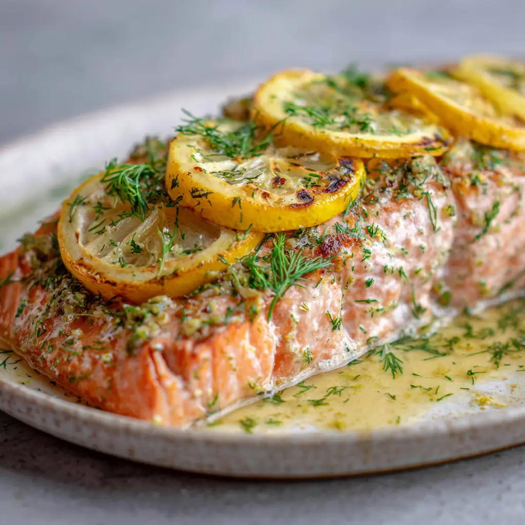Lemon Dill Baked Salmon with Caramelized Citrus and Fresh Herbs 2 Close-up of a thick Lemon Dill Baked Salmon fillet showing the opaque pink texture and roasted golden edges.