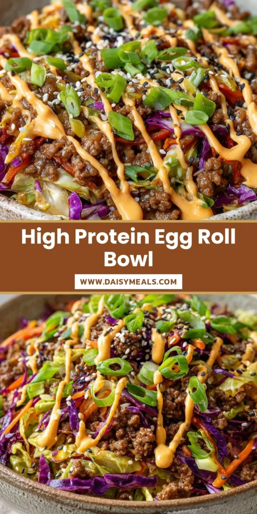 A close-up vertical shot of a High Protein Egg Roll in a Bowl with vibrant purple cabbage, julienned carrots, and a spicy mayo drizzle in a rustic ceramic bowl.