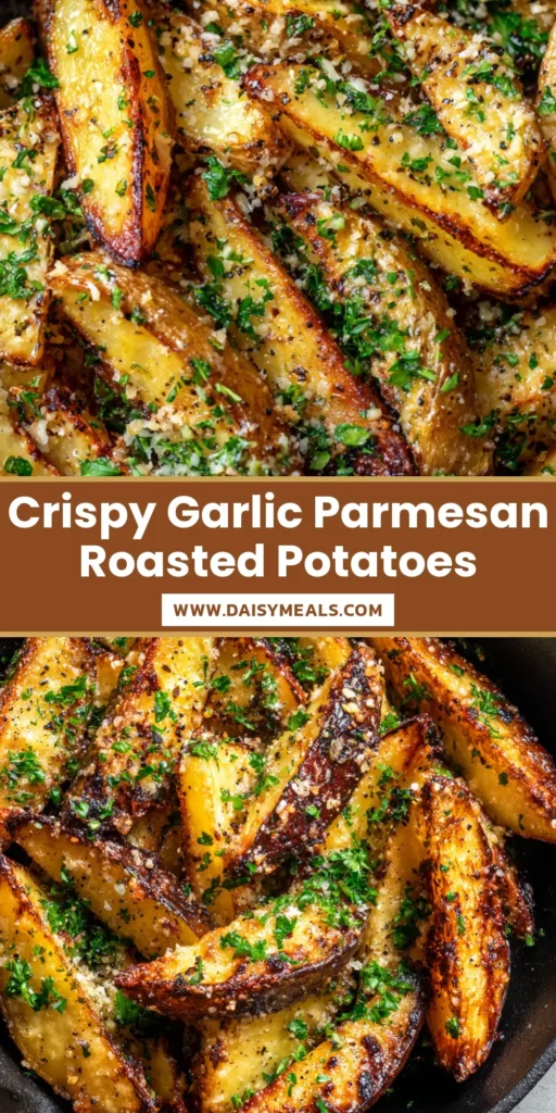 Garlic Parmesan Roasted Potatoes with Crispy Charred Edges 4 A close up overhead shot of golden brown Garlic Parmesan Roasted Potatoes in a dark cast iron skillet, featuring charred edges and melted gooey cheese.