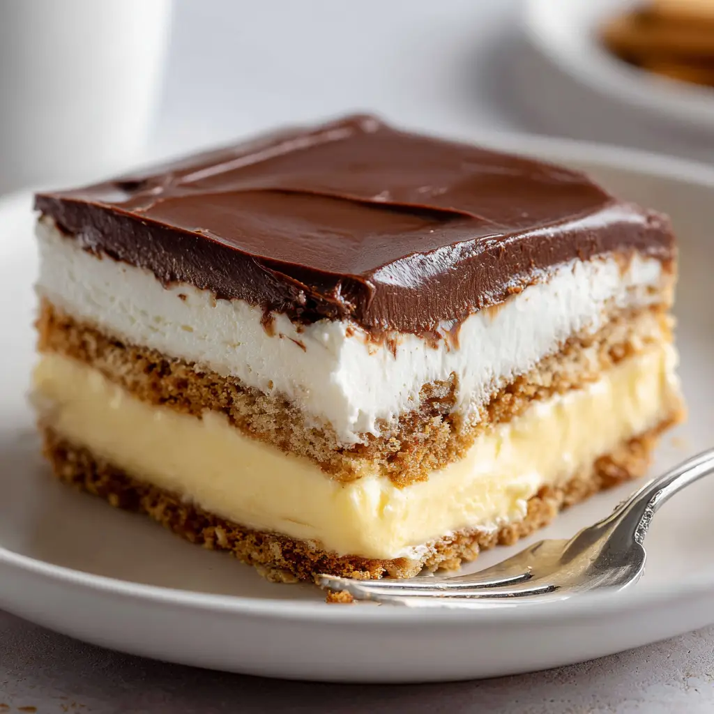 Close-up of a cut square slice of Chocolate Eclair Cake showing the side profile of softened crackers and creamy filling.