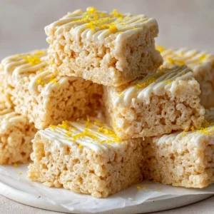 Close-up shot of thick and chewy Lemon Rice Krispie Treats with a pale yellow tint and stringy marshmallow.