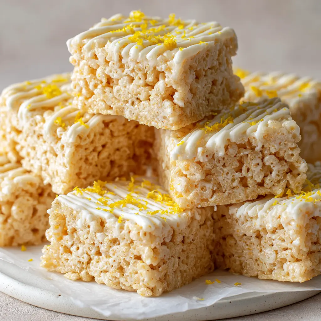 Lemon Rice Krispie Treats: Chewy Citrus Marshmallow Bars with a Tangy Lemon Glaze 2 Close-up shot of thick and chewy Lemon Rice Krispie Treats with a pale yellow tint and stringy marshmallow.