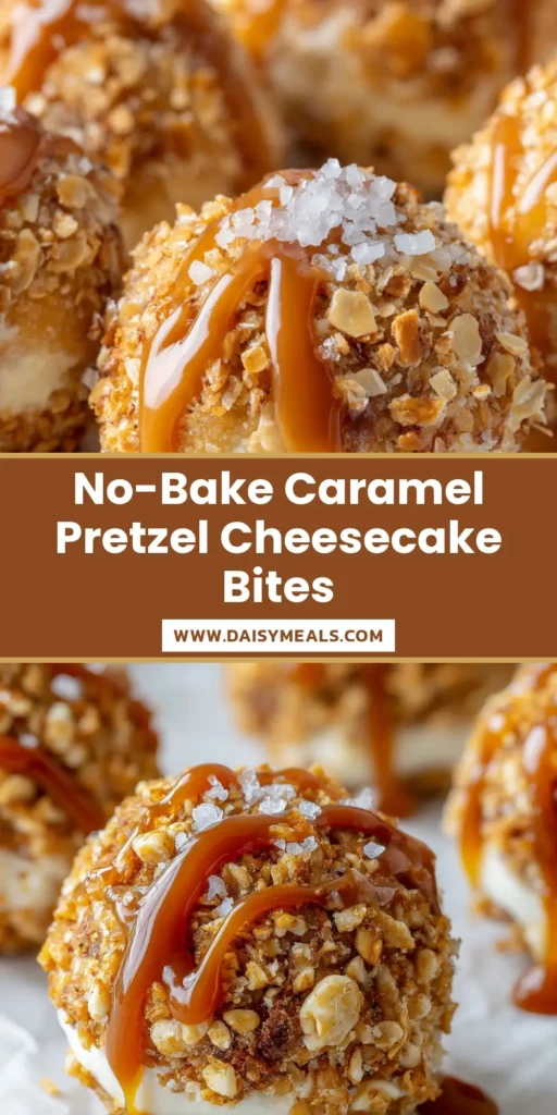A close-up shot of several Salted Caramel Pretzel Cheesecake Balls on parchment paper with a thick caramel drizzle and sea salt.
