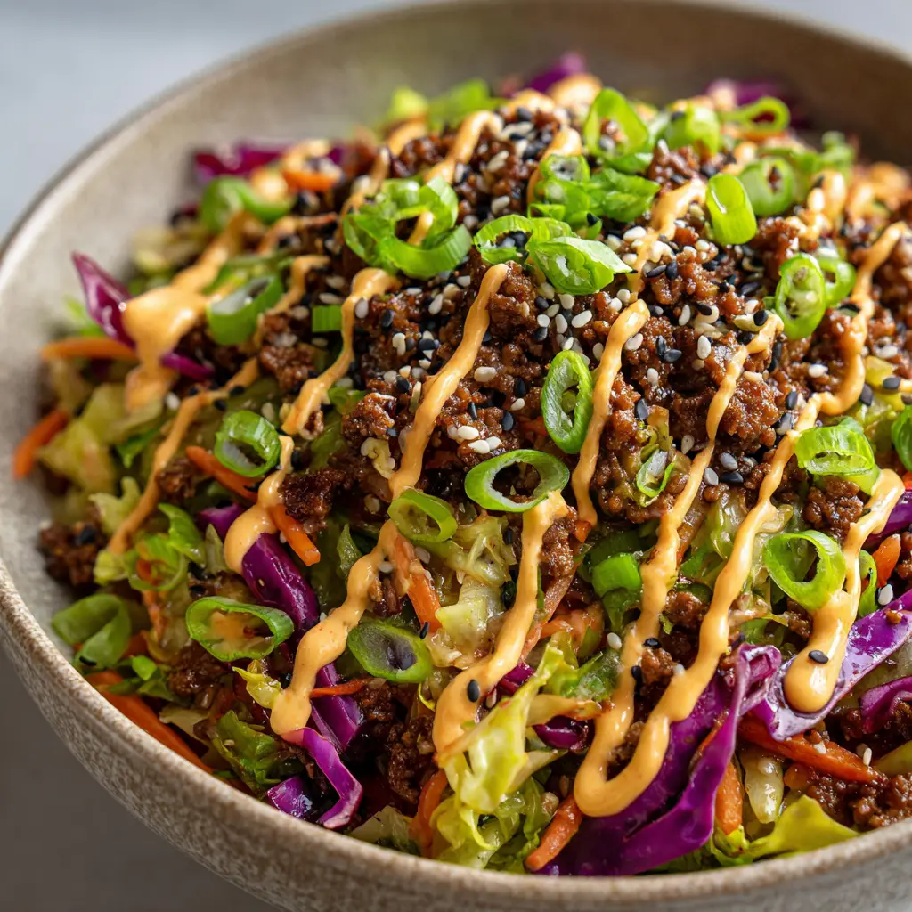 Overhead view of a High Protein Egg Roll in a Bowl showing browned crumbled meat, sautéed cabbage, and toasted white and black sesame seeds.