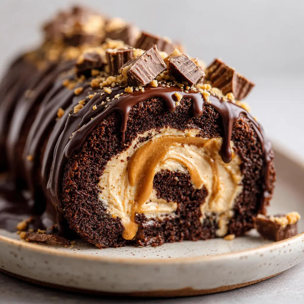 A close-up of a sliced Peanut Butter Cup Chocolate Roll showing the swirl of fluffy peanut butter cream.