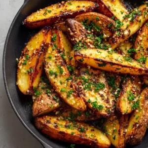 Overhead view of crispy potato wedges with charred edges and scattered parsley. (Garlic Parmesan Roasted Potatoes)