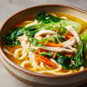 Close-up of golden yellow broth with thick wavy egg noodles and bright green bok choy. (Ginger Garlic Chicken Noodle Soup)