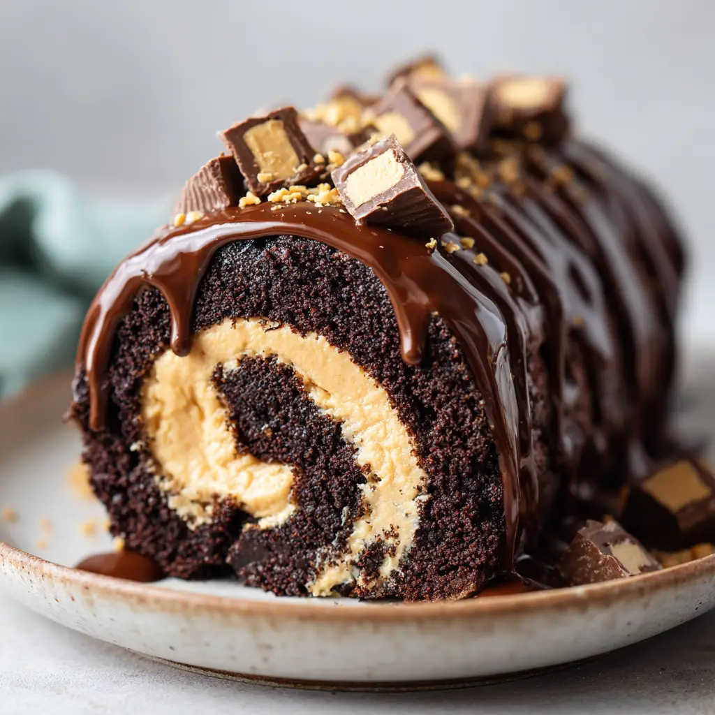 Vertical shot of the Peanut Butter Cup Chocolate Roll featuring the glossy ganache drizzle and topping.