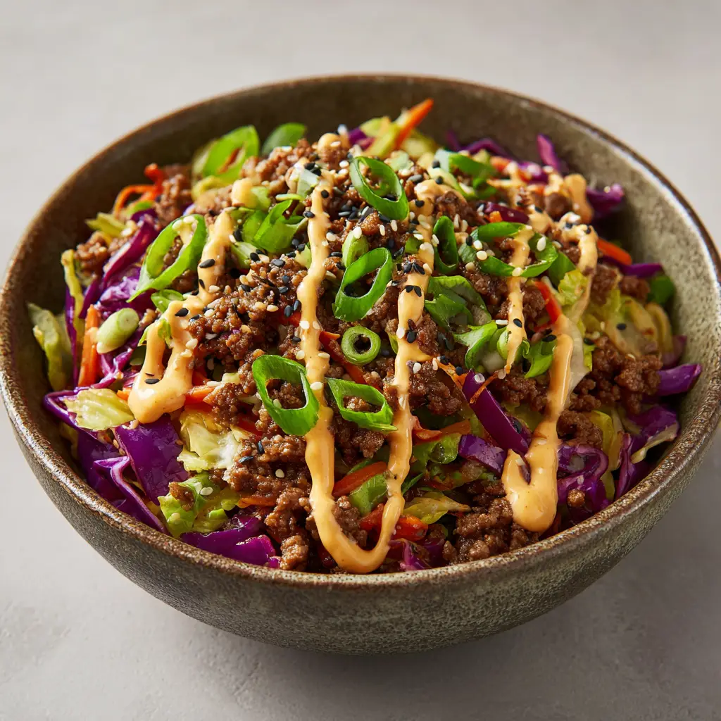 A rustic bowl of High Protein Egg Roll in a Bowl featuring a zigzag of orange-tinted spicy mayo and sliced green scallions.