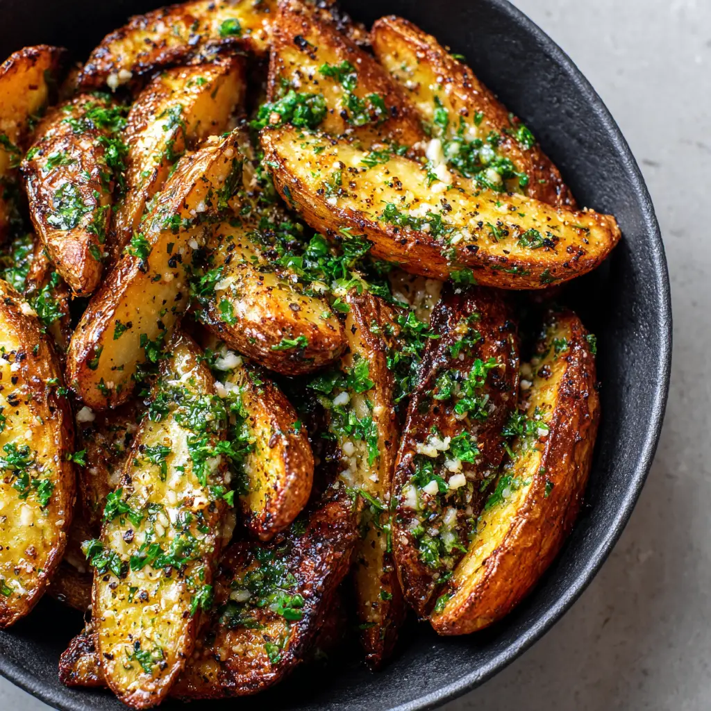 Garlic Parmesan Roasted Potatoes with Crispy Charred Edges 1 Close-up of melted gooey parmesan cheese over roasted garlic and golden potatoes. (Garlic Parmesan Roasted Potatoes)