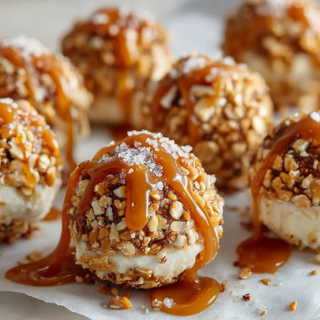 Dense white cheesecake balls heavily encrusted with golden-brown crushed pretzels and drizzled with amber caramel sauce. (Salted Caramel Pretzel Cheesecake Balls)