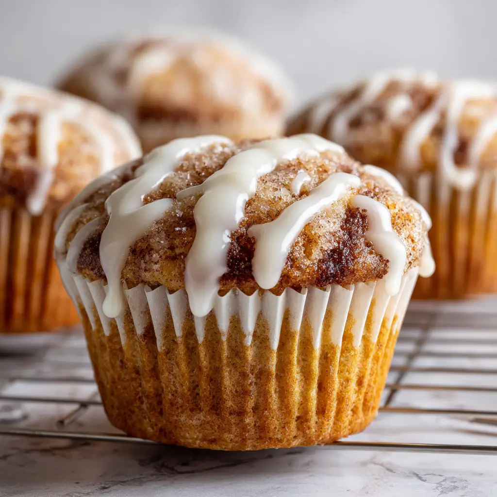 Close up shot of a golden brown Cinnamon Roll Protein Muffin showing the dark brown cinnamon sugar swirl.