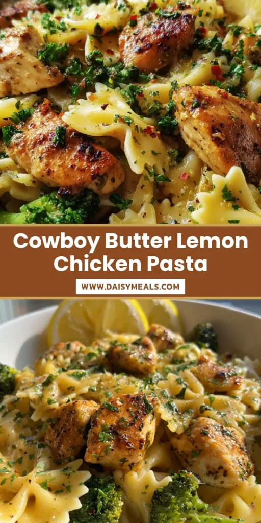 A shallow white bowl of Cowboy Butter Lemon Chicken with farfalle pasta, golden-brown chicken, and bright green broccoli in a glossy sauce.