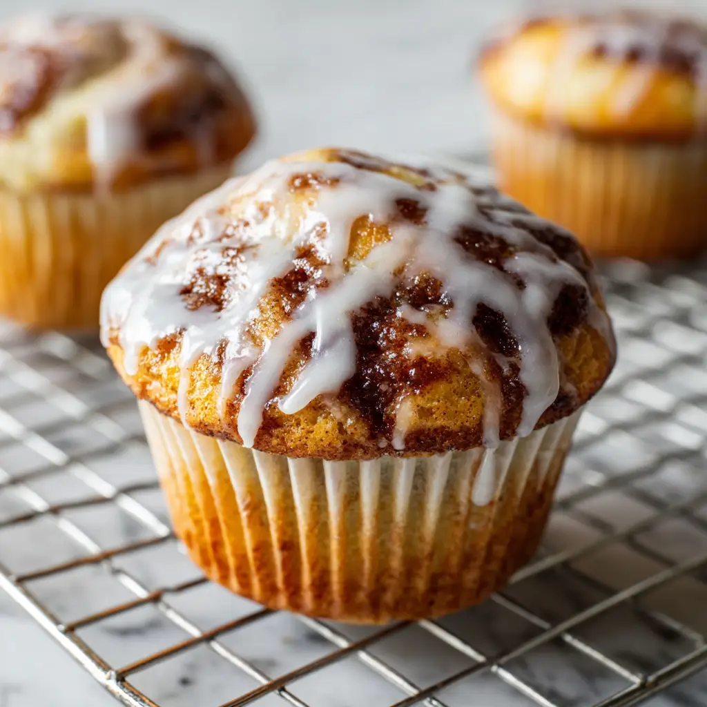Cinnamon Roll Protein Muffins with Thick Cream Cheese Glaze 1 Cinnamon Roll Protein Muffins resting on a metal wire cooling rack over a marble surface.