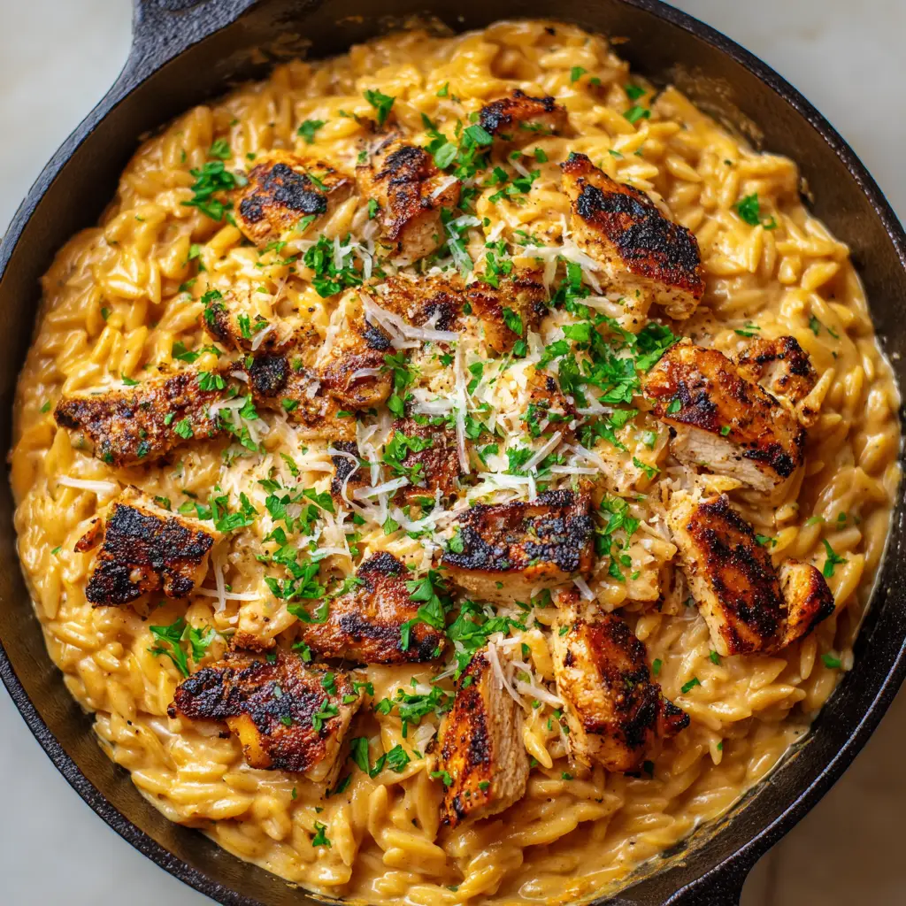 Close up of creamy orzo pasta in an orange-tinted Cajun alfredo sauce with blackened chicken breast chunks.