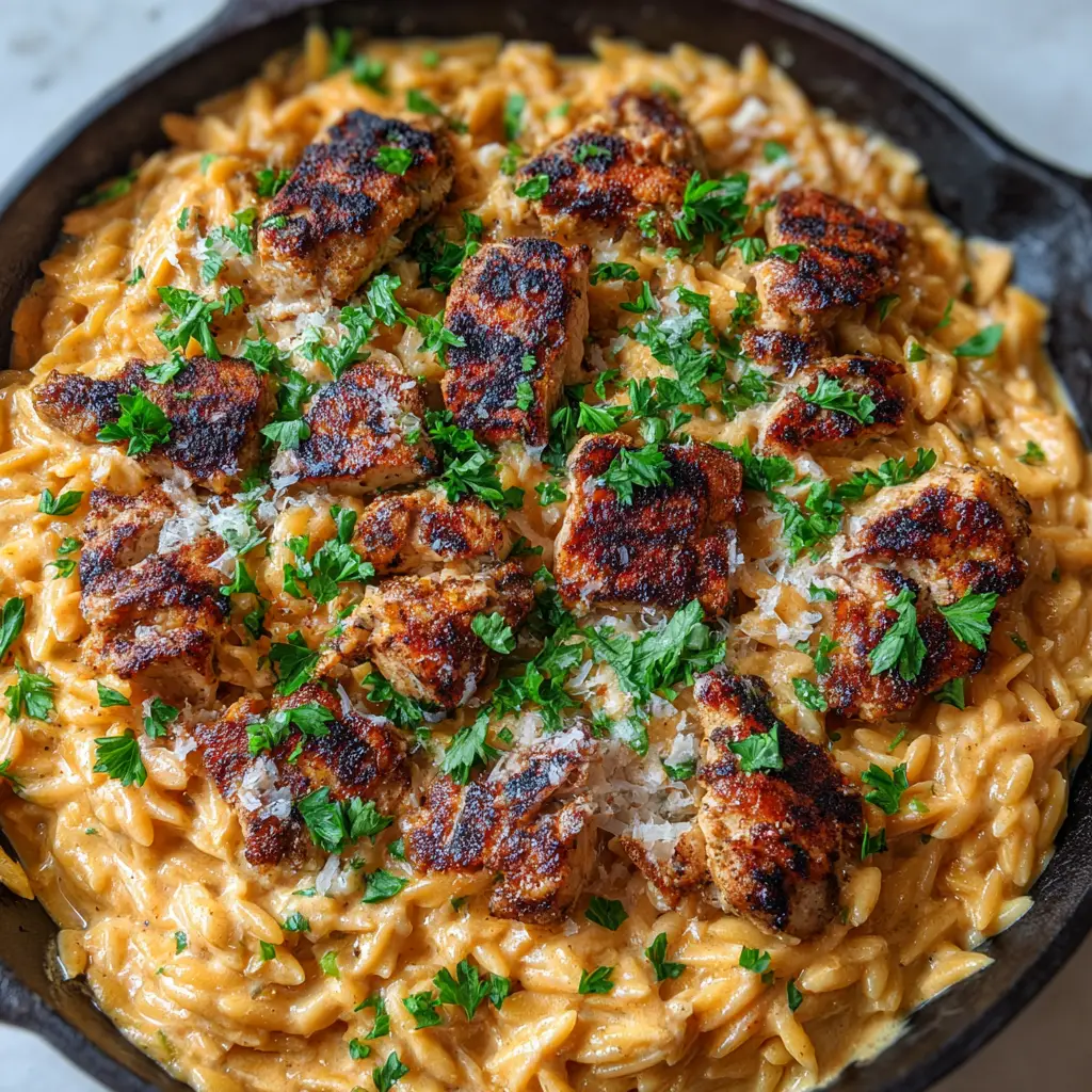 Rustic cast iron skillet filled with Cajun Chicken Alfredo Orzo, topped with parmesan and fresh parsley.