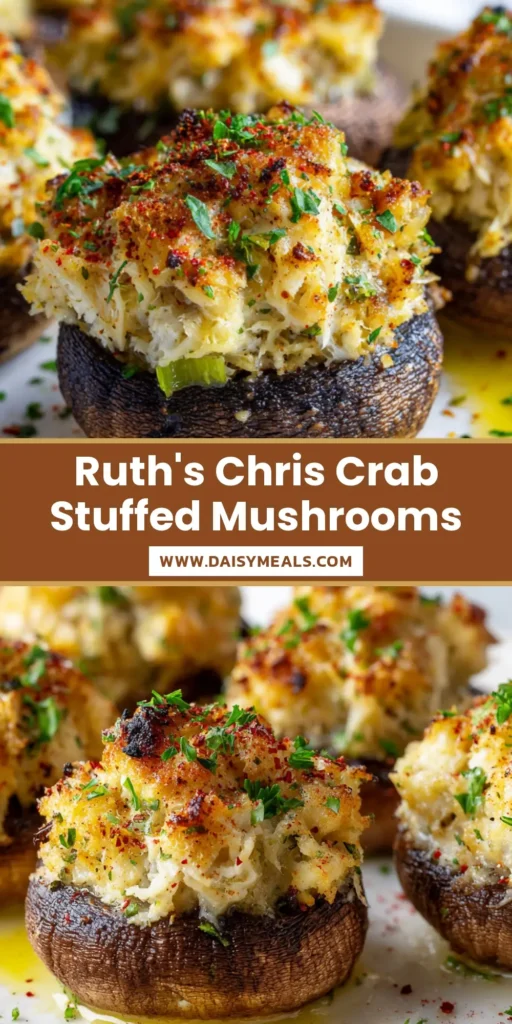 Crab Stuffed Mushrooms with Garlic Butter and Golden Breadcrumbs 4 Close up of golden-brown Crab Stuffed Mushrooms with parsley garnish and red paprika on a white platter.