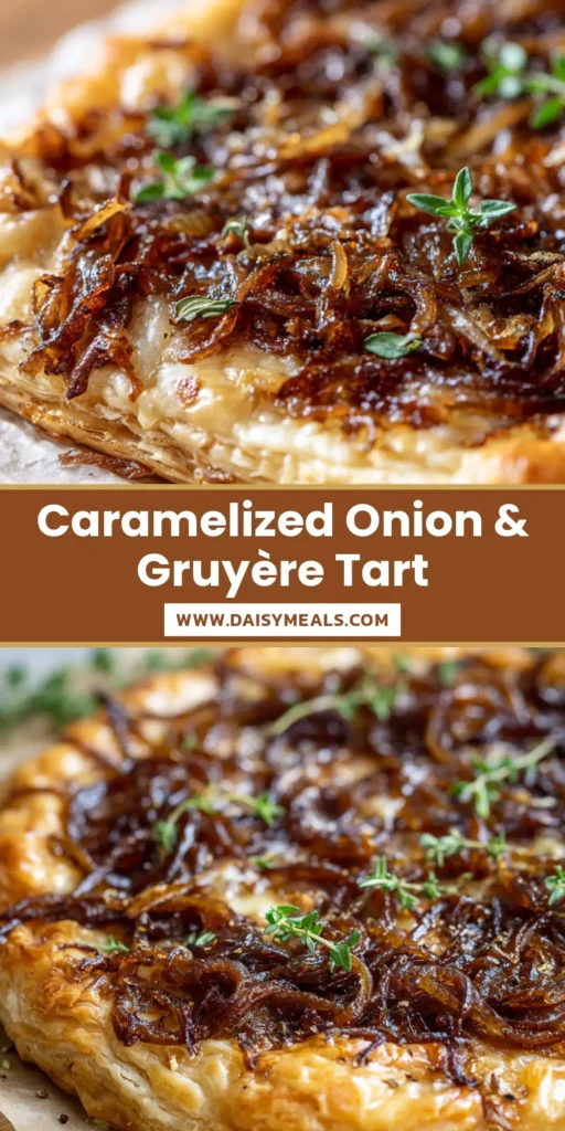 Caramelized Onion Tart with Bubbly Gruyere and Flaky Crust 3 A rustic Caramelized Onion Tart on parchment paper with jammy onions, melted Gruyere, and fresh thyme sprigs.