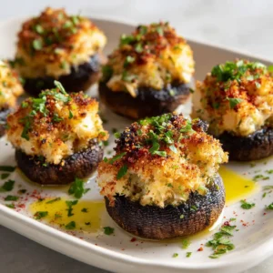 Baked Crab Stuffed Mushrooms showing roasted dark brown bases and heaping stuffing with melted butter.