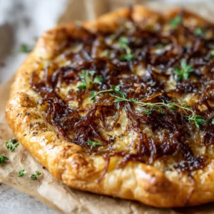 Close-up of dark jammy onions and melted Gruyere on a golden flaky puff pastry crust. (Caramelized Onion Tart)