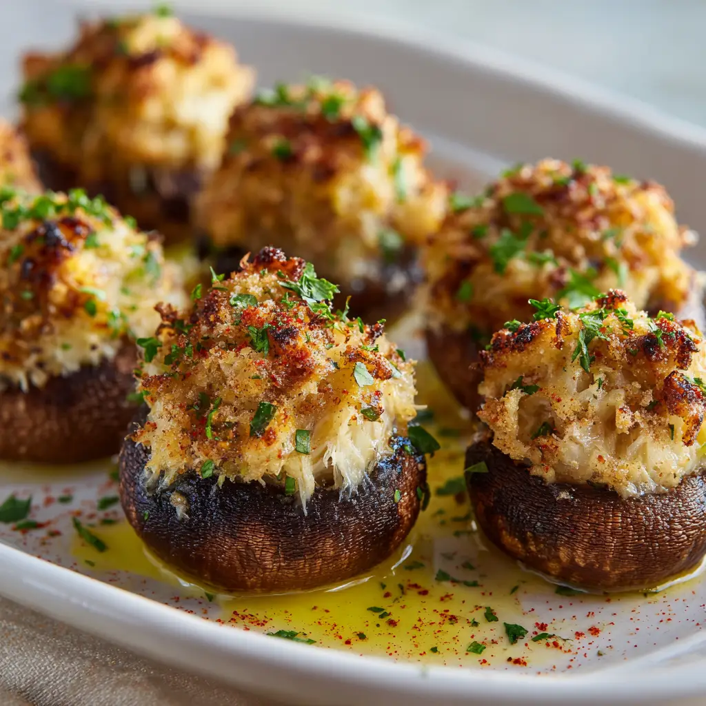 Crab Stuffed Mushrooms with Garlic Butter and Golden Breadcrumbs 1 A high-angle shot of a platter of Crab Stuffed Mushrooms dusted with red paprika and green parsley.