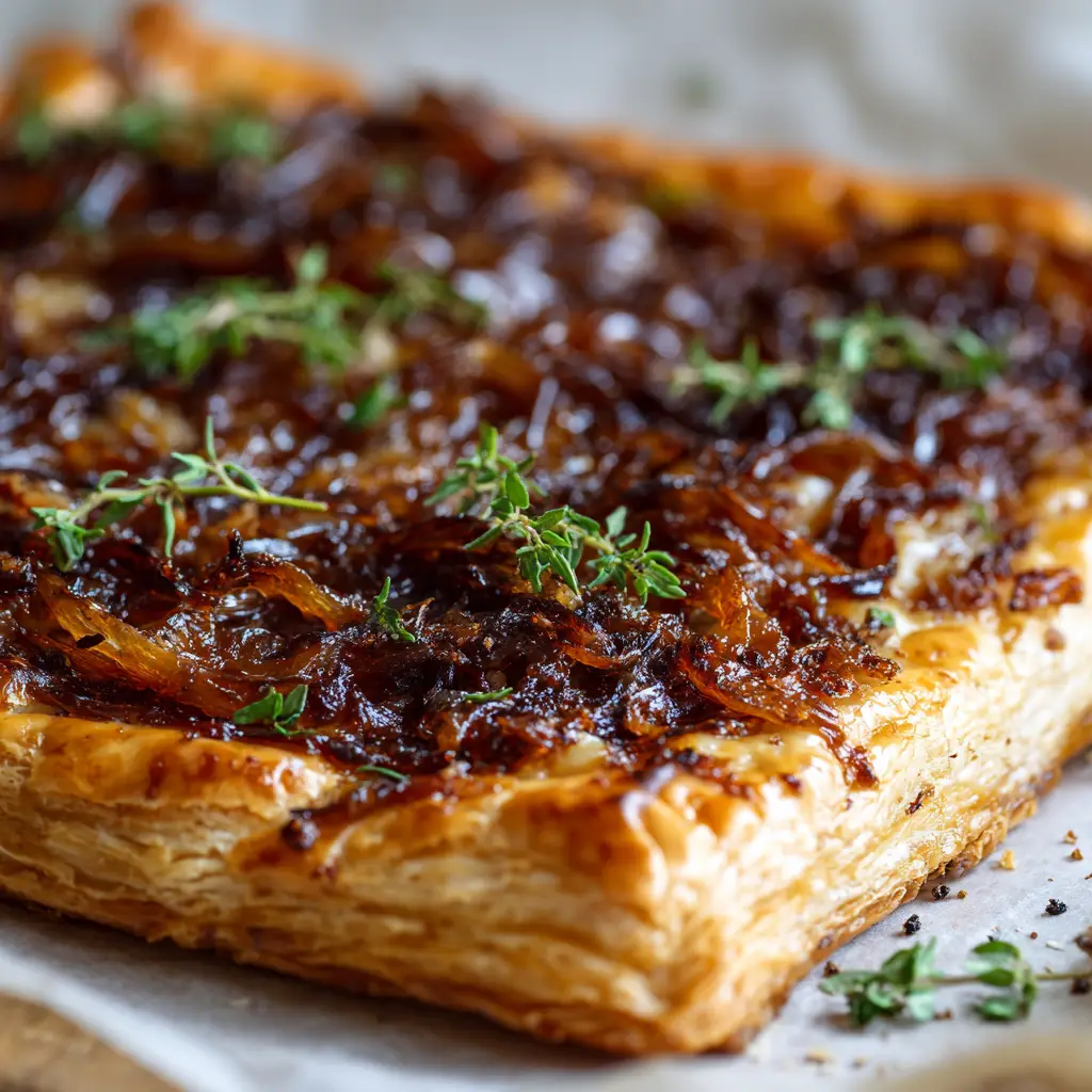 Caramelized Onion Tart with Bubbly Gruyere and Flaky Crust 1 Rustic Caramelized Onion Tart featuring fresh green thyme leaves and cracked black pepper garnish.