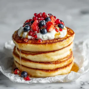 Side view of four thick golden-brown pancakes with a maple syrup drizzle and yogurt. (Coconut Flour Pancakes)