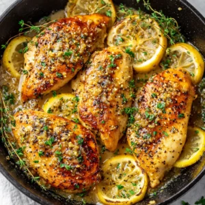 Close-up of golden-brown seared chicken breast with lemon garlic butter sauce and fresh parsley garnish.