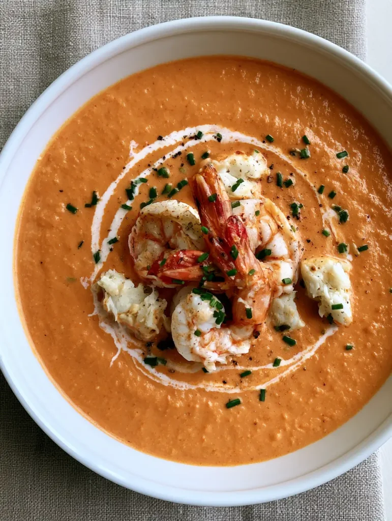 Seafood Bisque: The Ultimate Creamy Restaurant-Style Recipe with Shrimp and Crab 1 Close up of Seafood Bisque showing chunks of white lump crab meat and a spiral of heavy cream.