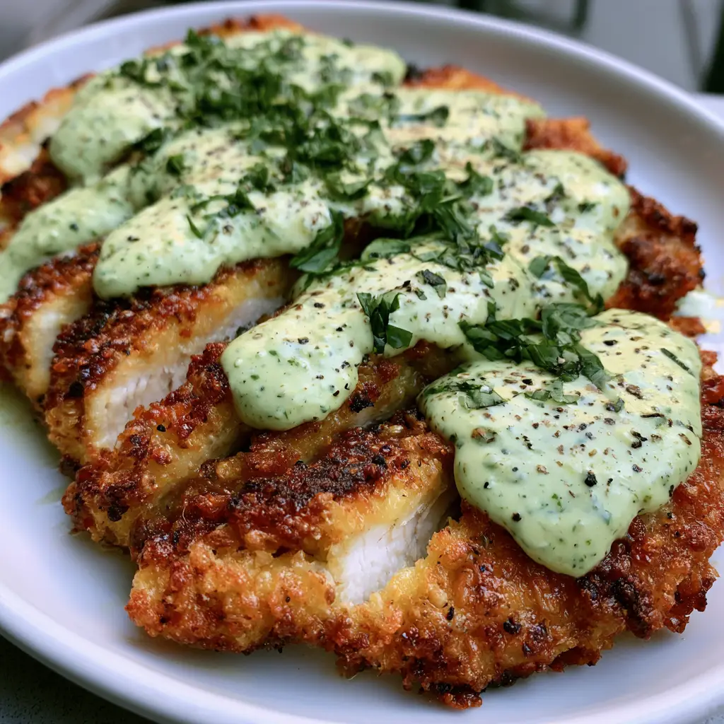 Parmesan Crusted Chicken with Creamy Basil Aioli 1 Close-up of juicy white meat inside a Parmesan Crusted Chicken breast with a crunchy golden coating.