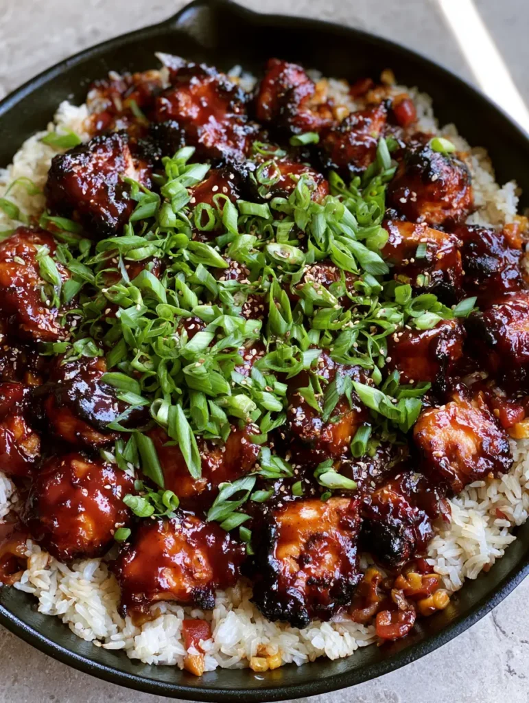 Honey BBQ Chicken and Rice: The Ultimate Sticky Skillet Dinner 1 Detailed shot of glossy mahogany BBQ chicken edges with sesame seeds and scallions.
