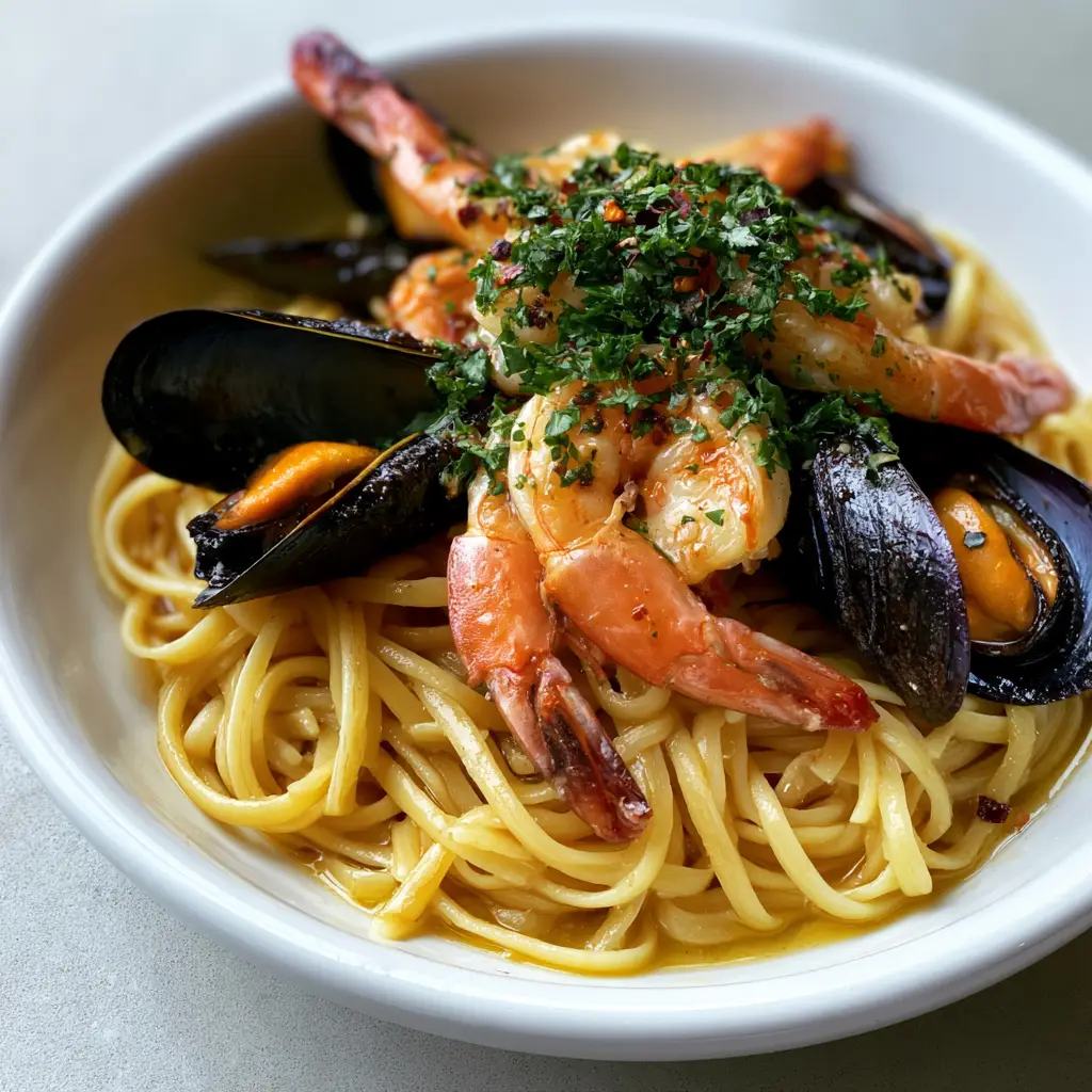 Rustic plating of seafood pasta in a white bowl with fresh parsley and red pepper flakes.