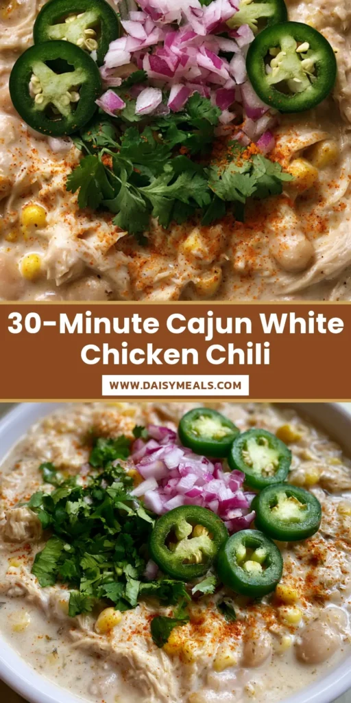 A handheld smartphone photo of Cajun White Chicken Chili in a white bowl garnished with jalapeños and red onion.