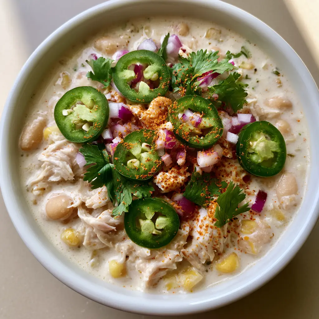 Close up of the garnish on a Cajun White Chicken Chili including fresh jalapeño slices and diced red onion.