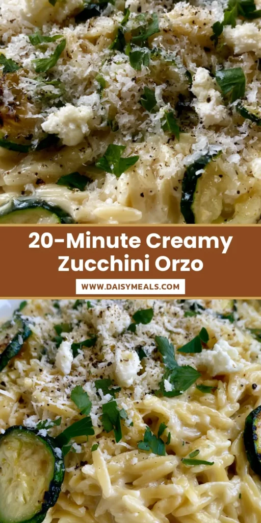 A shallow white bowl of Creamy Zucchini Orzo topped with charred zucchini, feta, and parsley in soft daylight.