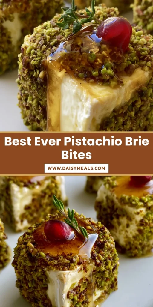 A close-up vertical shot of Pistachio Crusted Brie Bites with honey drizzle and pomegranate seeds, perfect for holiday entertaining.