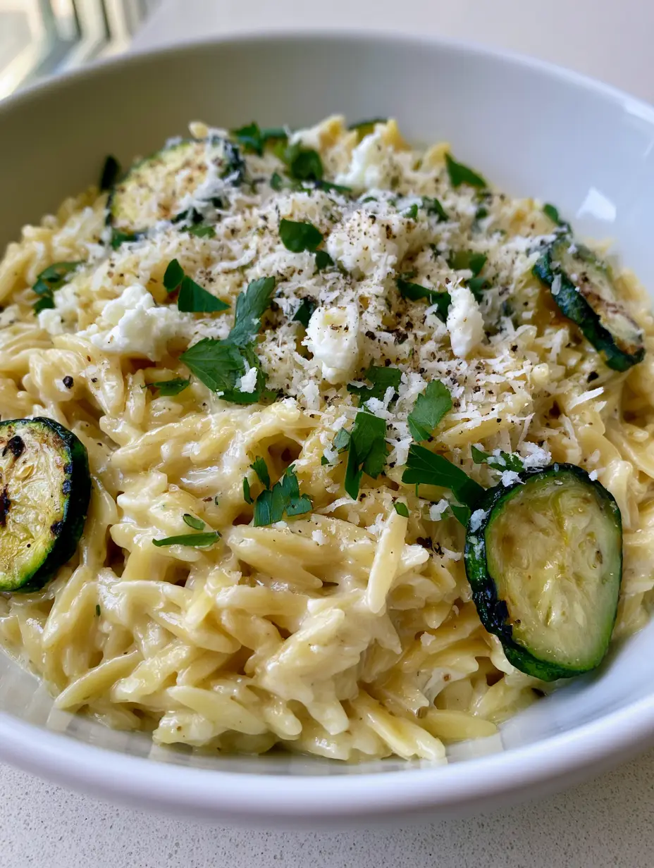 Close-up of glistening orzo pasta grains in a glossy ivory sauce with green zucchini. (Creamy Zucchini Orzo)