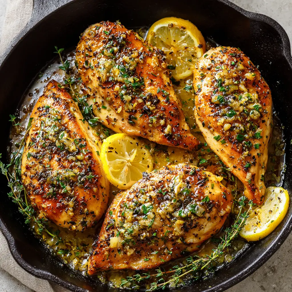 Slices of caramelized lemon and fresh thyme sprigs in a skillet with glossy lemon garlic sauce.