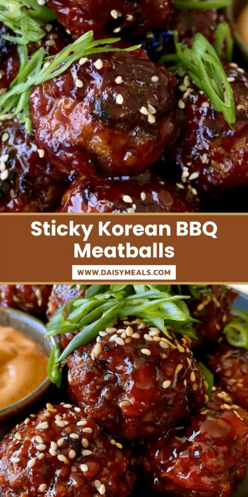 A plate of glossy Korean BBQ Meatballs garnished with green onions and sesame seeds next to a bowl of spicy mayo.