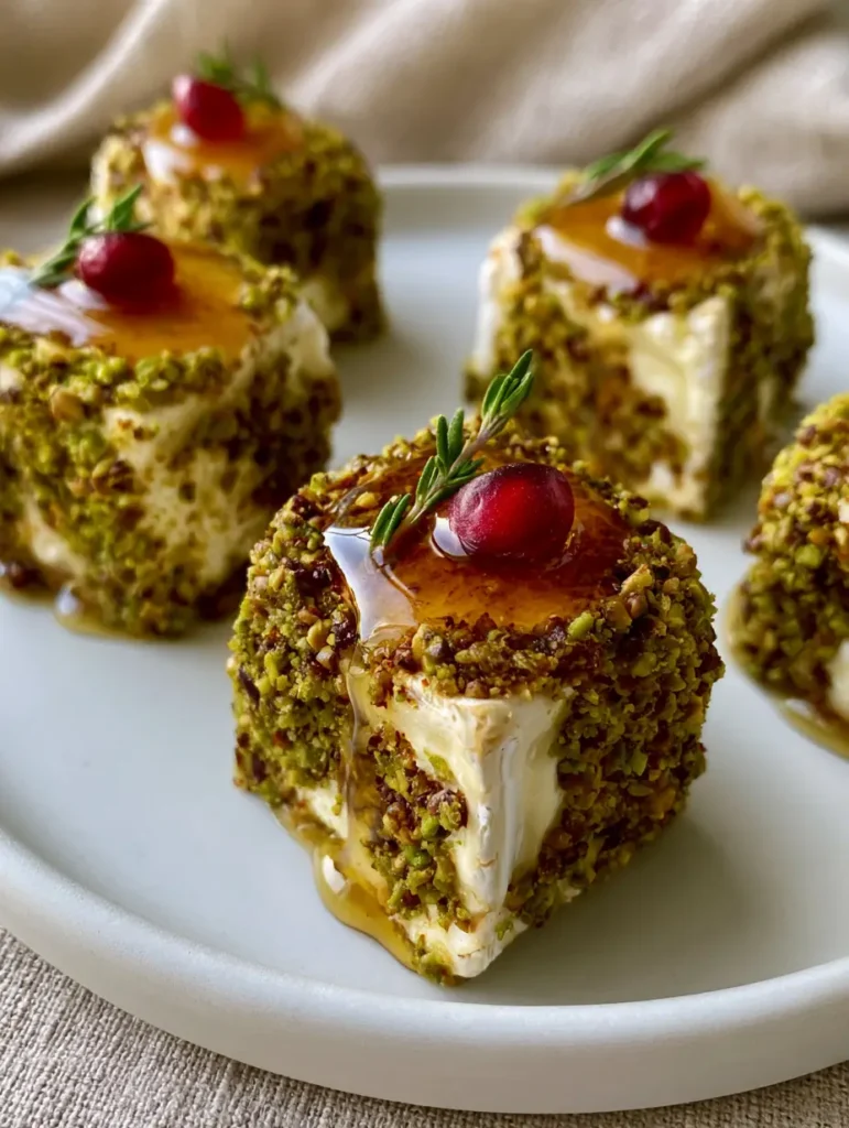 Overhead view of bite-sized brie cubes coated in vibrant green crushed pistachios on a white plate. (Pistachio Crusted Brie Bites)