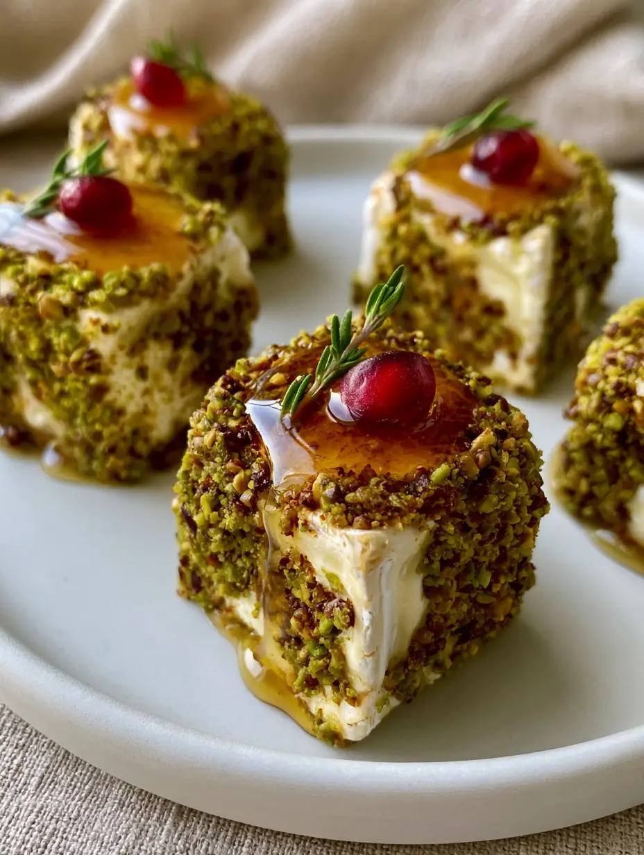 Overhead view of bite-sized brie cubes coated in vibrant green crushed pistachios on a white plate. (Pistachio Crusted Brie Bites)