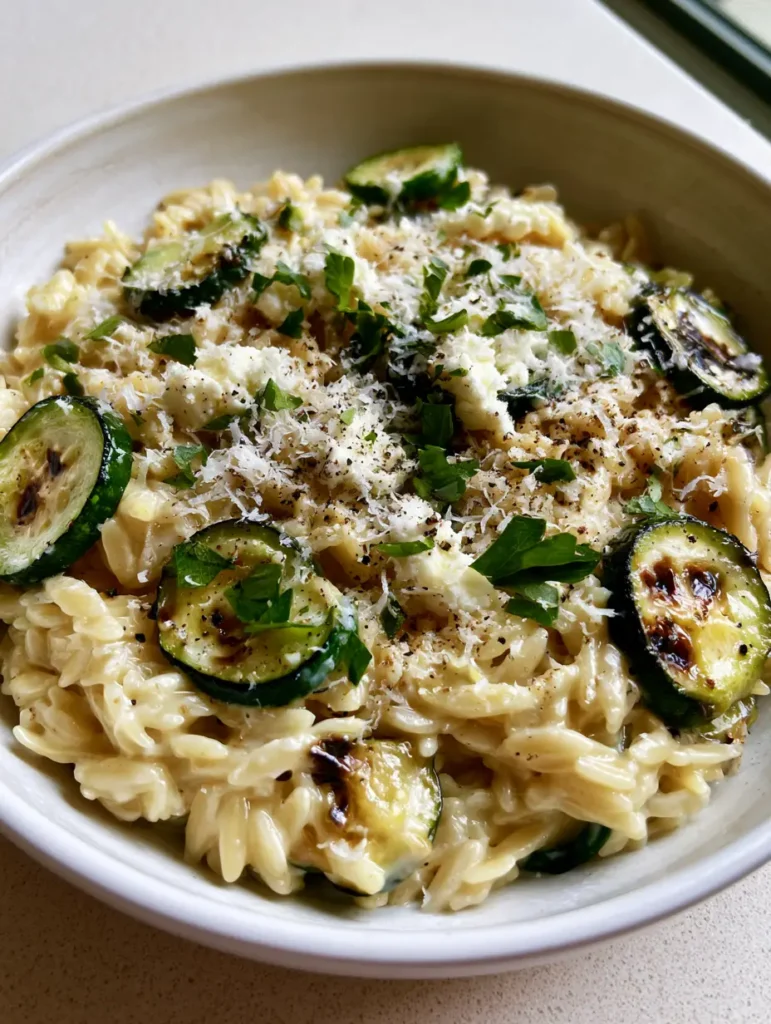 Bowl of orzo pasta showing caramelized zucchini half-moons and crumbled white feta clusters.