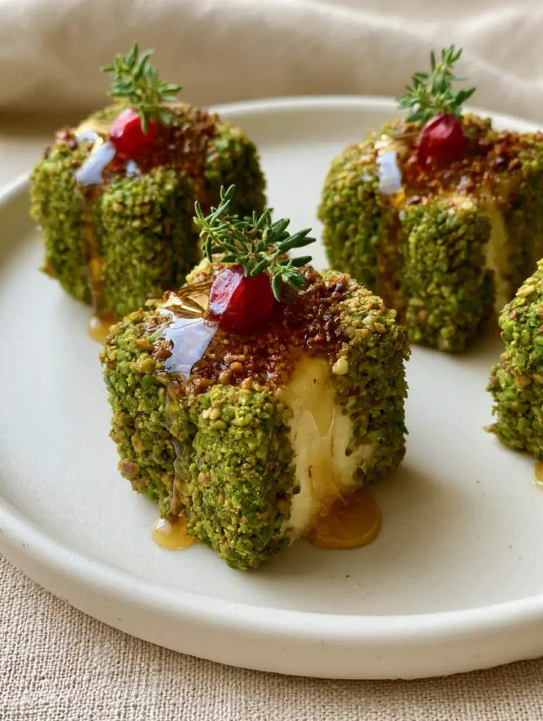 Close-up of a single Pistachio Crusted Brie Bite showing the glistening honey drizzle and pomegranate seed garnish.